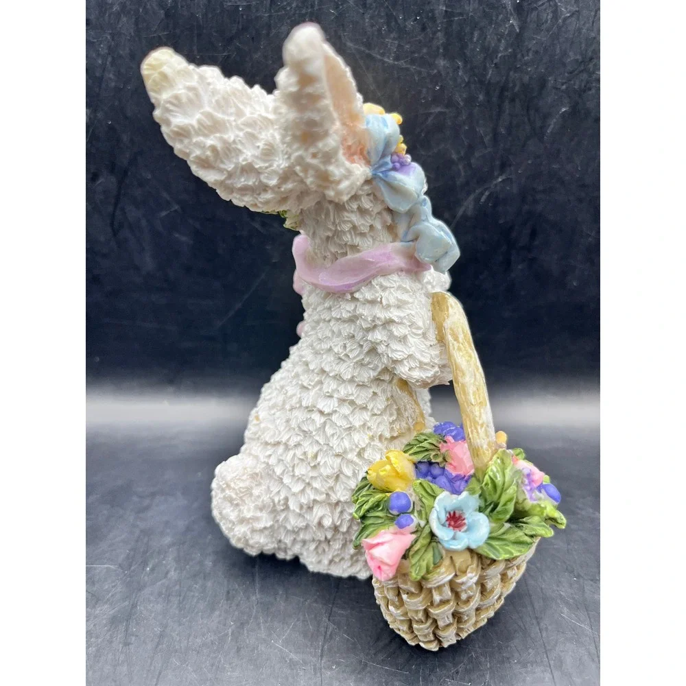 White Resin Easter‎ Bunny Figurine Floral Basket Scarf Figurine Decorative 5
